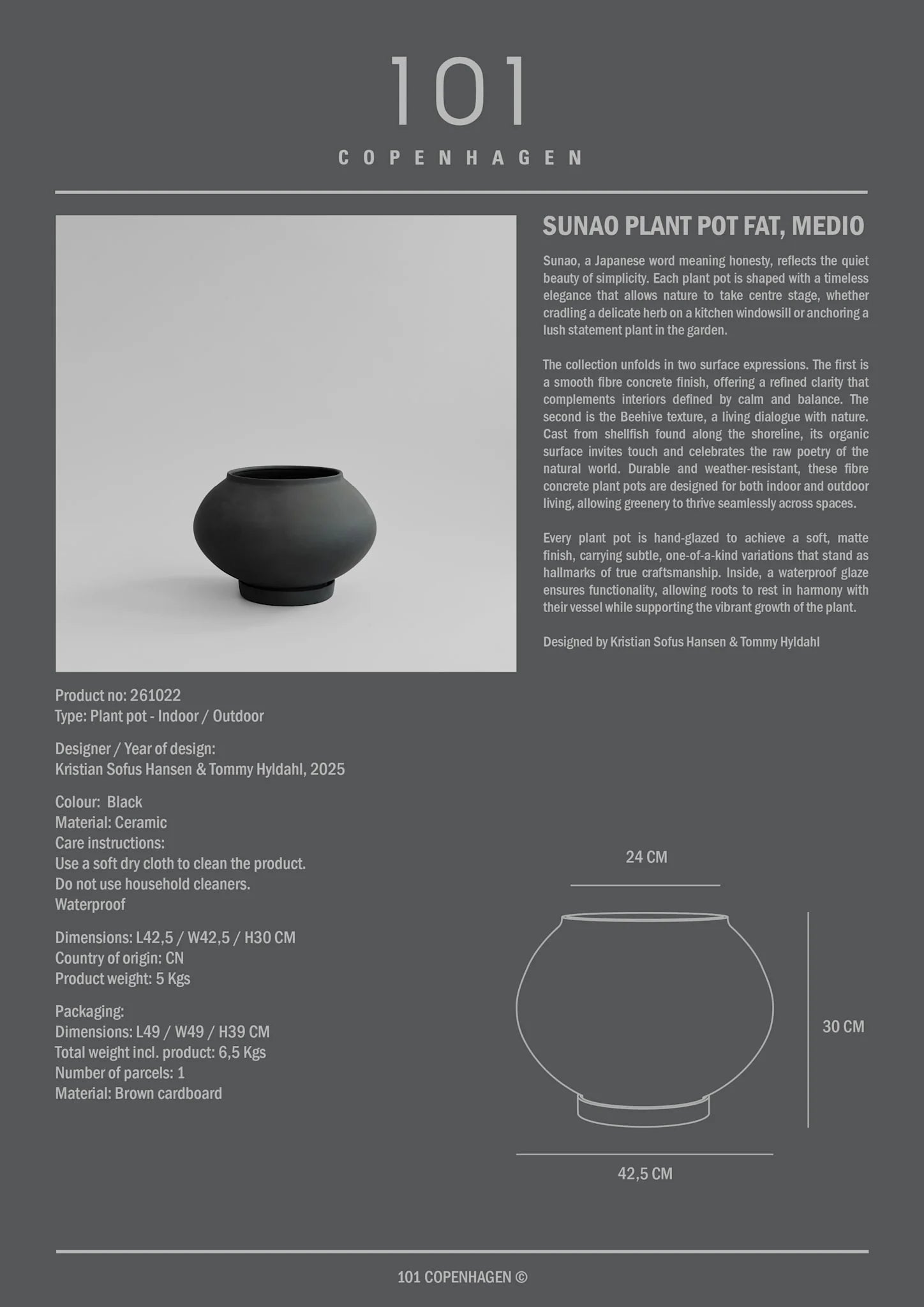 Sunao Plant Pot Fat, Medio - Black