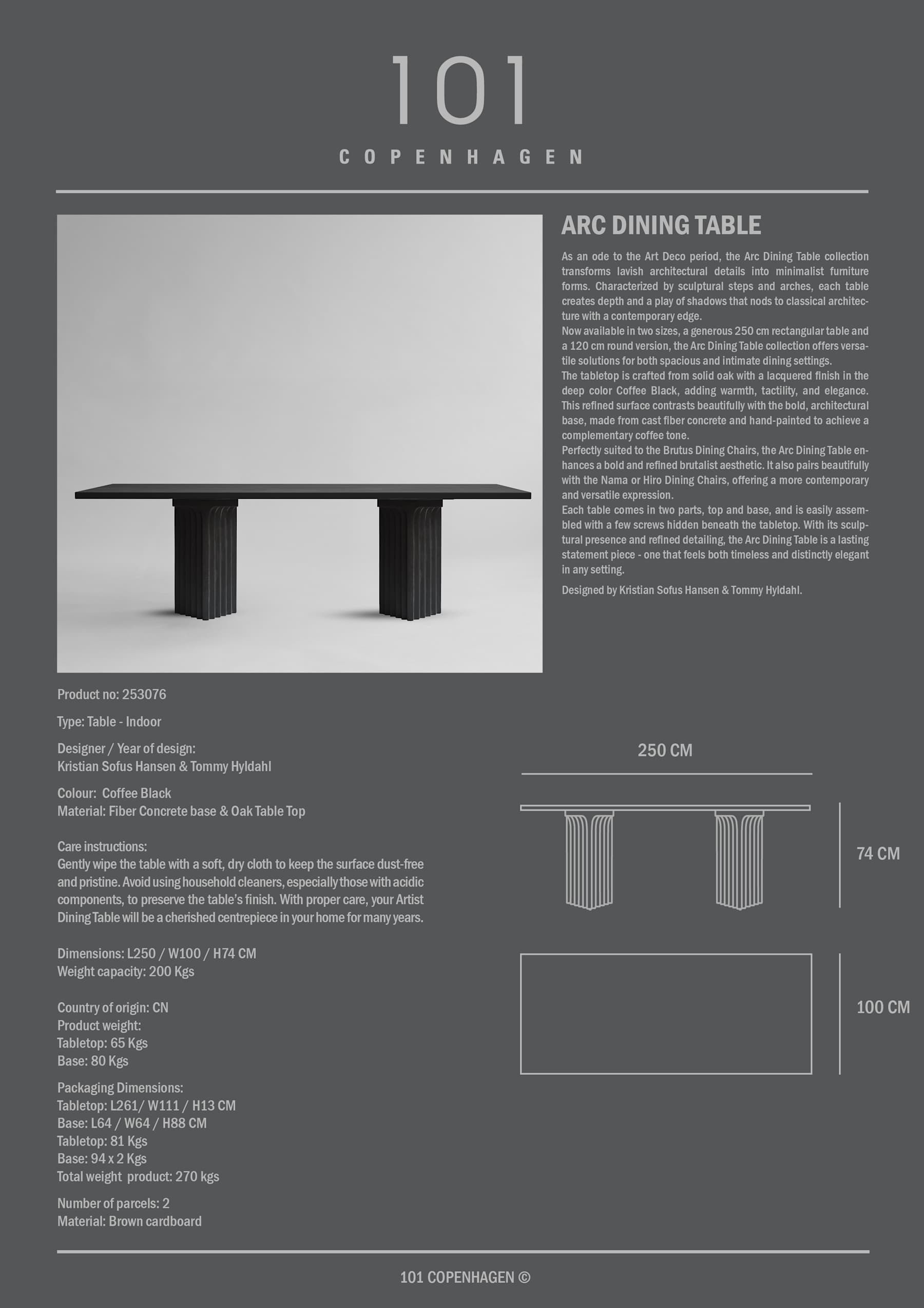 Arc Dining Table, L250 - Coffee Black Oak
